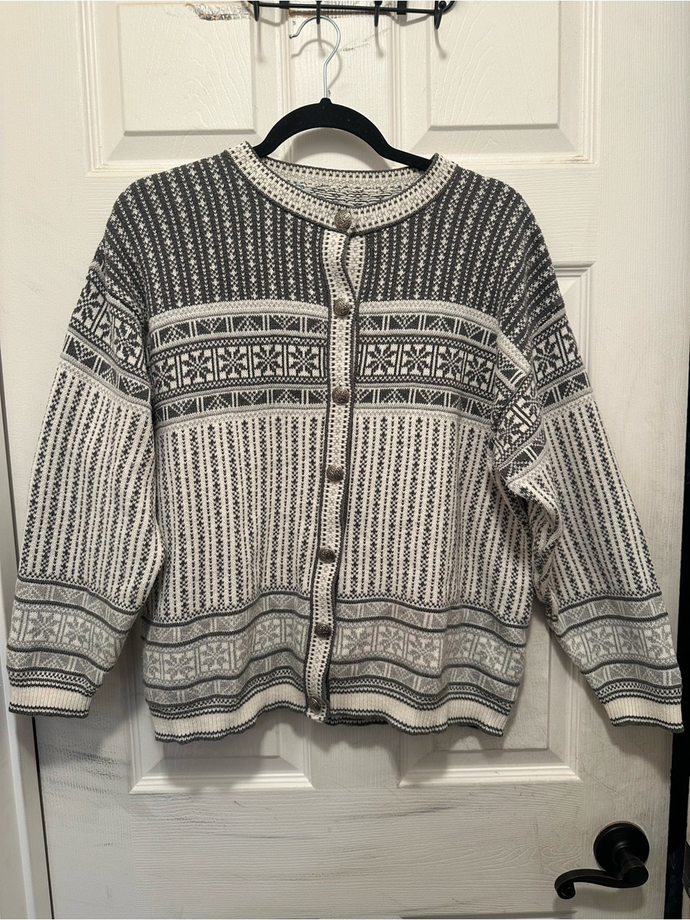 Nordic Style Gray and White Patterned Womens Cardigan Sweater Cotton Crewneck